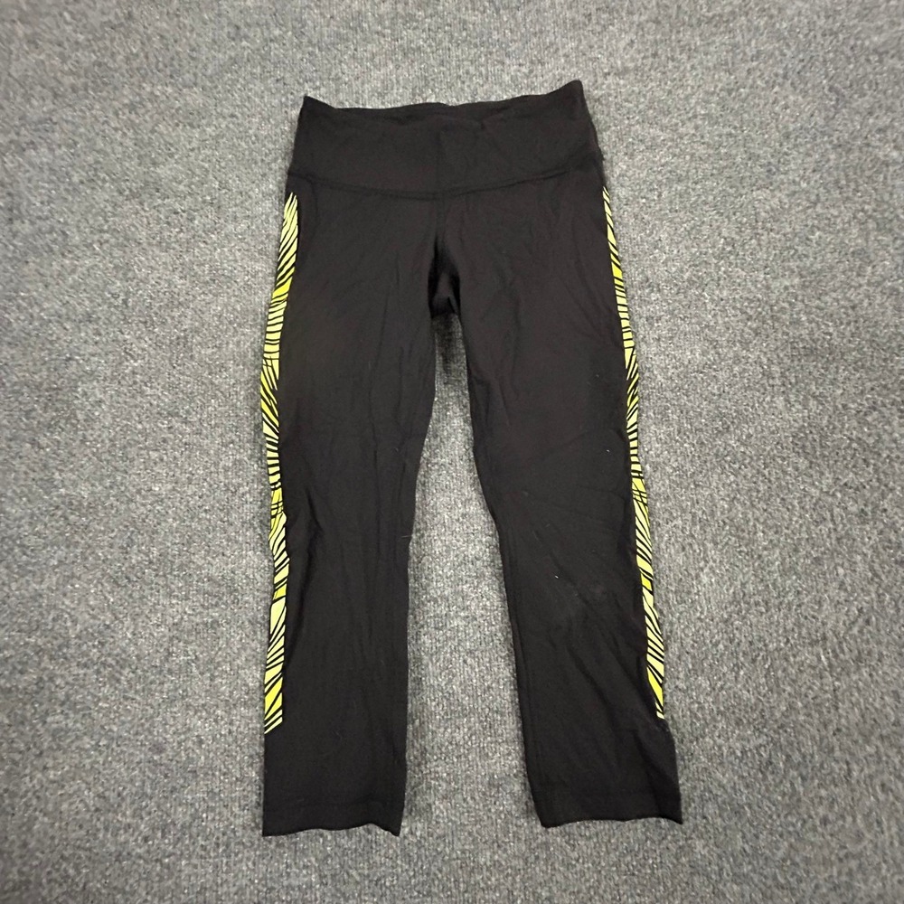 Lululemon Leggings Womens Size 4 Black Yellow Stripe Crop Athletic Yoga Pants
